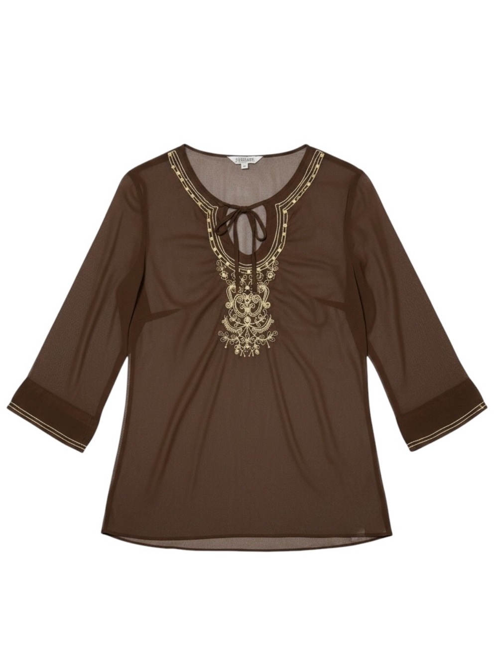 TRAMP Sheer Boho Sequin Bell Sleeve Tie Neck Y2K Brown Top Size Medium